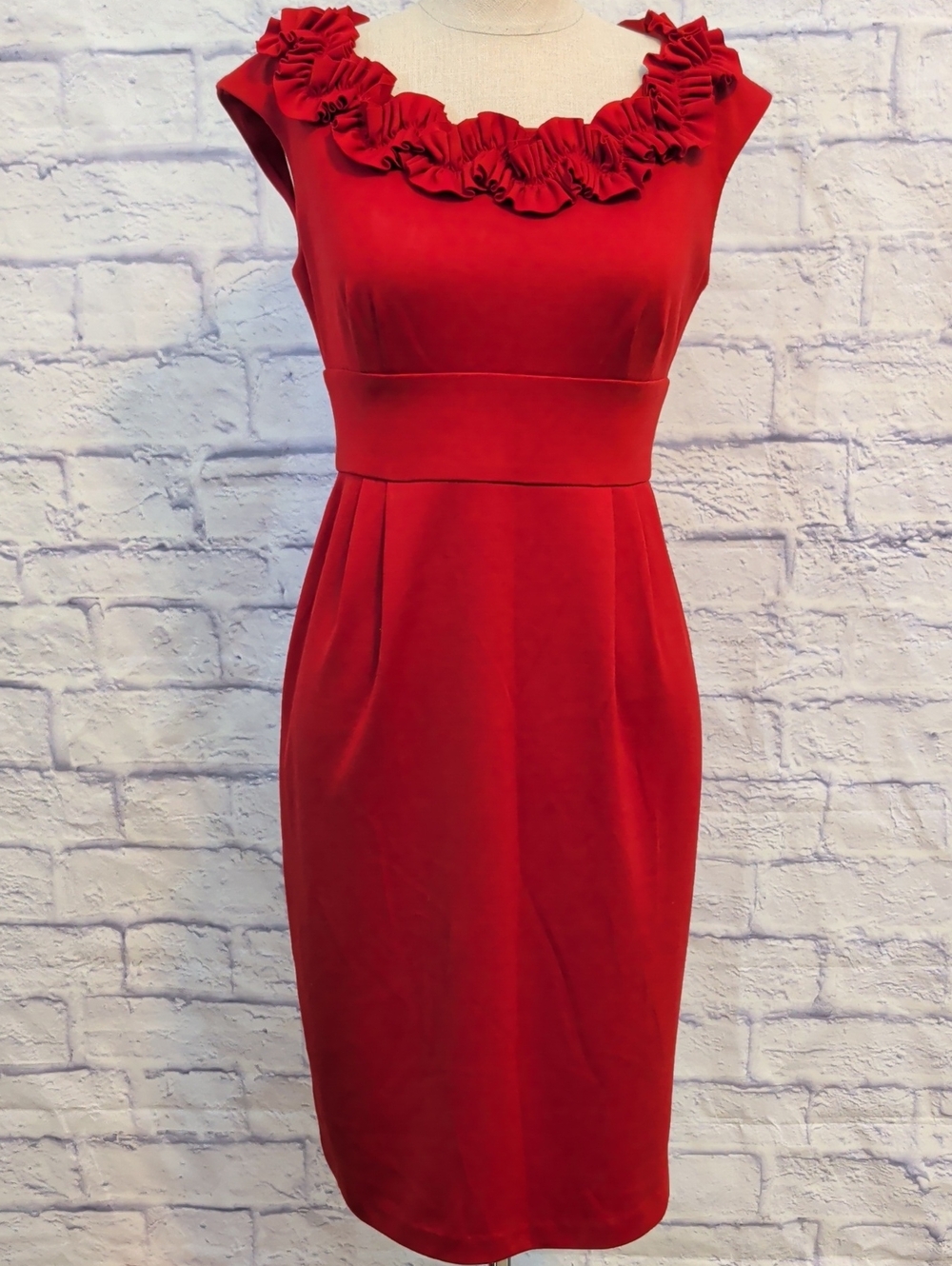London Times Red Ruffle-Neck Sheath Midi Dress - Size 6